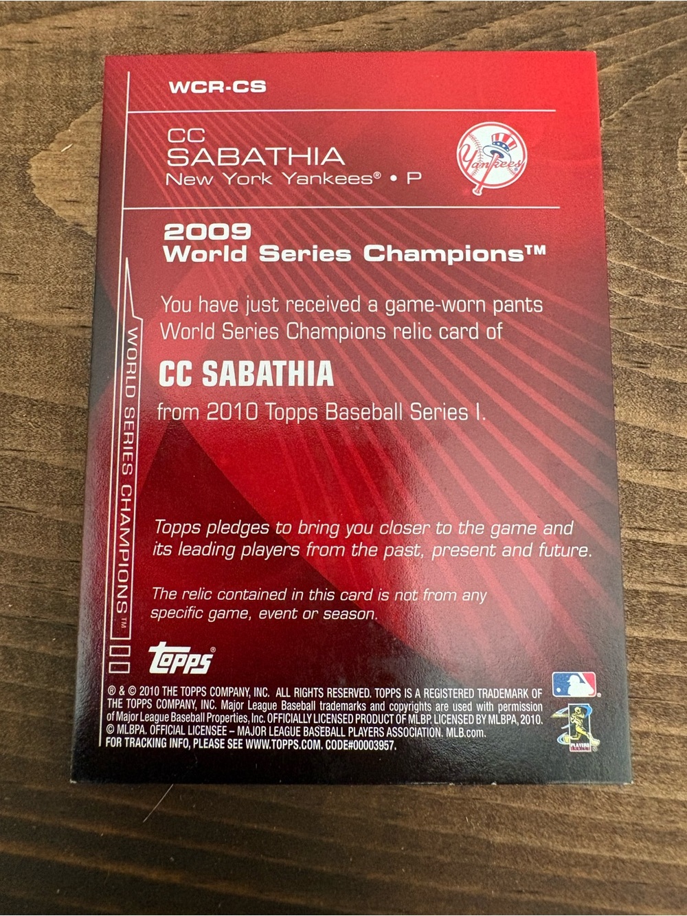 2010 Topps CC Sabathia Game Used World Series Jersey New York Yankees #rd 85/100 - Picture 2 of 3
